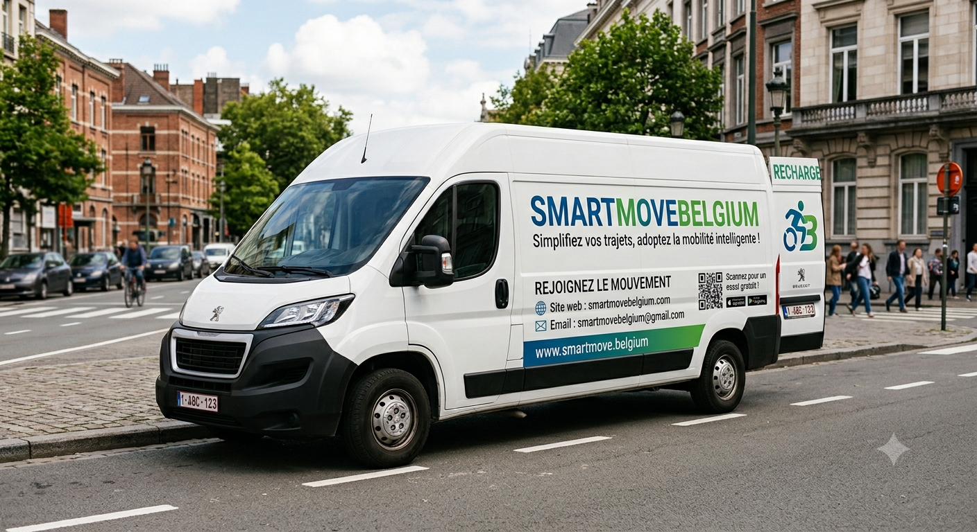 Camionnette SmartMove Belgium garée en rue à Bruxelles